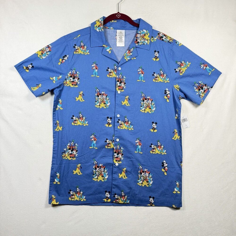 Disney Parks Character Print Camp Shirt Mens Medium Blue Button Front NWT